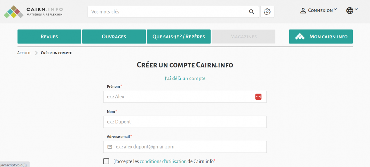 Screenshot of the account creation page on CAIRN. Under the Name and email adress fields is a checkbox for the terms and conditions, with a link to read them.