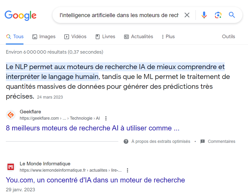 Screenshot of a Google search about artificial intelligence. The first result is an extract from the website GeekFlare.com