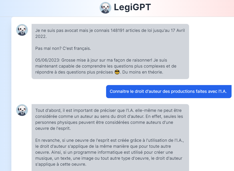 screenshot of a conversation with LegiGPT