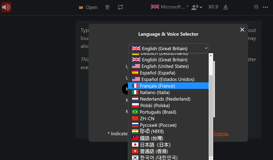 Screenshot of the language selection menu on TTS Reader