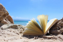 photo of a book on the beach, with the blue sea and sky behind it