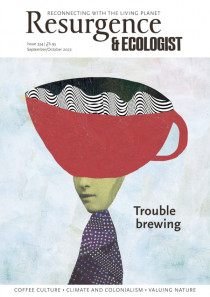 cover of the magazine "Resurgence & ecologist". Under the title, a collage represents a person holding a giant cup on their head.
