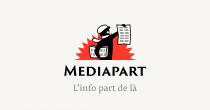 Logo Médiapart (sur un fond rouge, un vendeur de journaux tient des journaux sous un bras et en lève un avec l'autre bras)